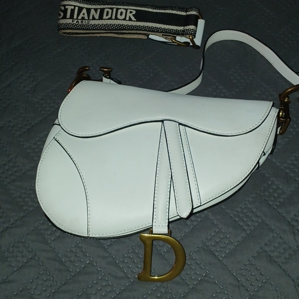 Dior White Saddle Bag with Gold Details